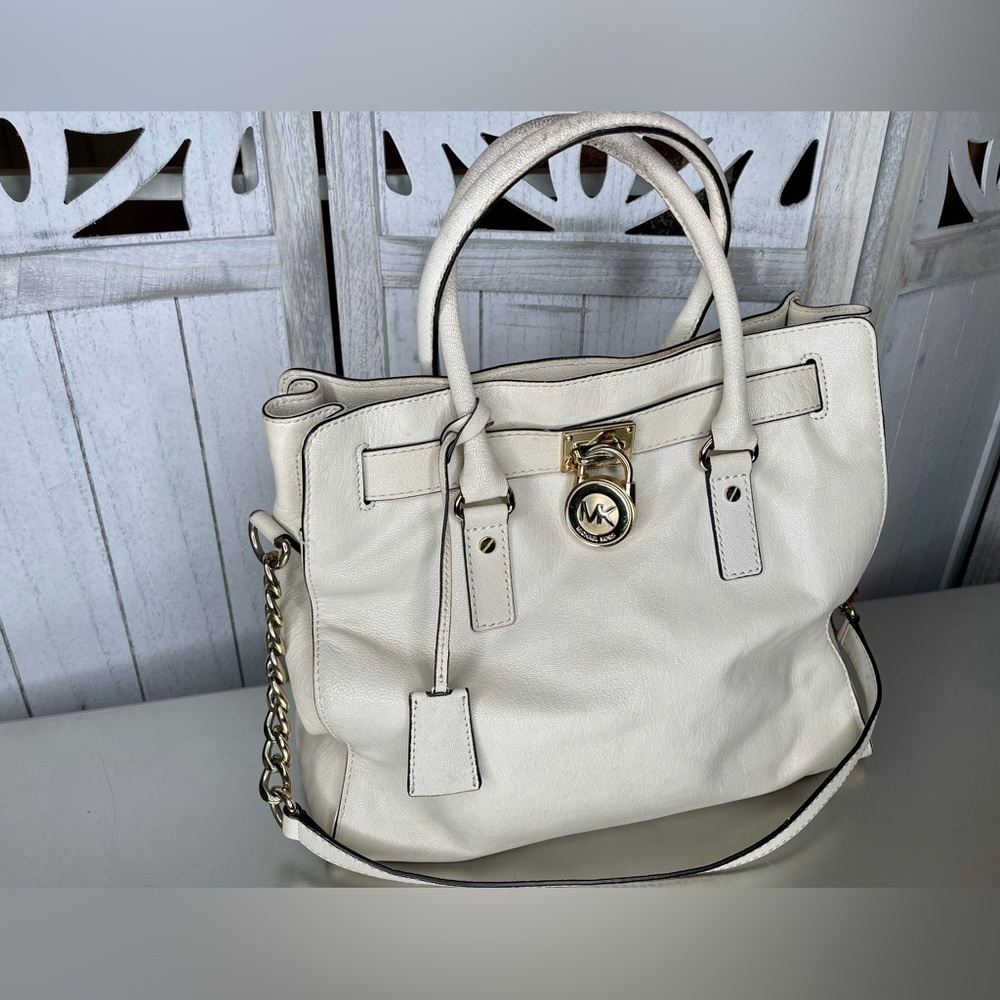 Michael Kors Hamilton Large Vanilla Cream Leather Gold Lock Tote Bag Purse